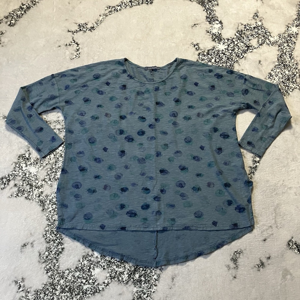 Cut Loose Womens Size L Blue Green Linen Dot Dolman Sleeve Boxy Lagenlook Top